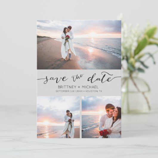 Faire-part Photo Collage Gris manuscrit Enregistrer la date (Debout devant)