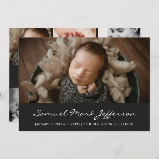 Faire-part Photo collage noir nouveau-né bébé garçon unisex n (Devant / Derrière)