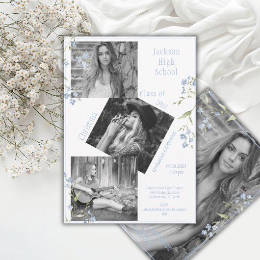 Faire-part Photo Collage Personalized Blue 4 Photo Graduation