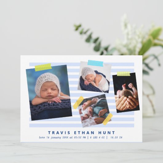 Faire-part Photo Collage Washi Tape Nouveau-né bébé garçon na (Debout devant)