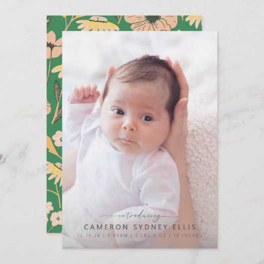 Faire-part Photo de bébé floue et verte Boho Naissance Anno (Devant / Derrière)