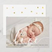 Faire-part Photo de bébé mignon écriture or cœurs amour naiss (Devant / Derrière)