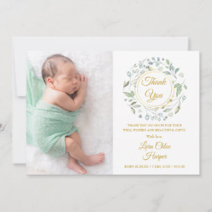 Faire-part Photo de bébé remerciement floral de verdure or na