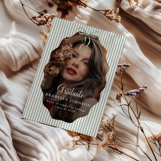 Faire-part Photo de diplôme avec un doux ruban vert à rayures