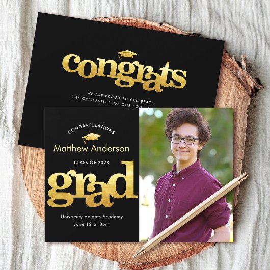 Faire-part Photo de diplôme noir or moderne audace graphique