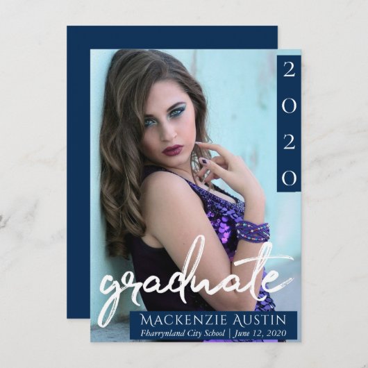 Faire-part Photo de fin d'études | Marine Script Dark Blue Ke (Devant / Derrière)