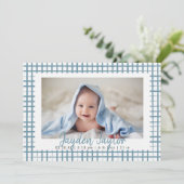 Faire-part Photo de garçon À damiers bleu (Debout devant)