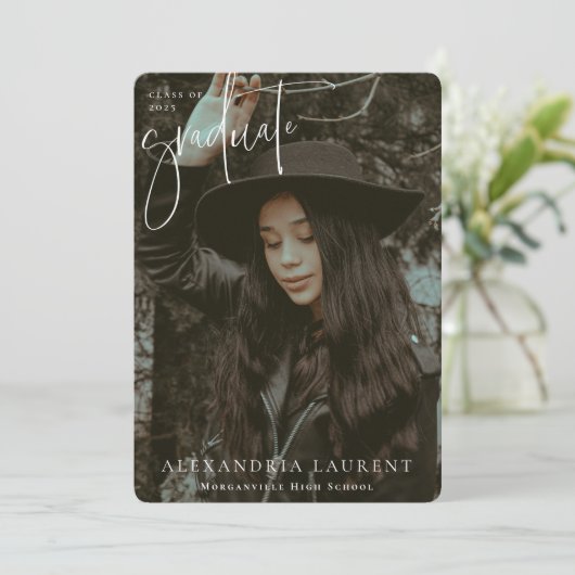 Faire-part Photo de Graduation de Portrait par script blanc (Debout devant)