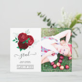 Faire-part Photo de graduation en fleurs rouge et verte (Debout devant)