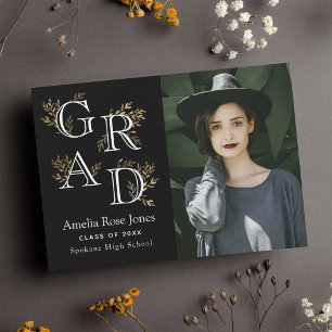 Faire-part Photo de graduation florale noire et blanche