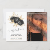 Faire-part Photo de graduation florale noire et or (Devant)