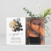 Faire-part Photo de graduation florale noire et or (Debout devant)