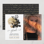 Faire-part Photo de graduation florale noire et or (Devant / Derrière)