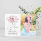 Faire-part Photo de graduation florale rose et argent (Debout devant)