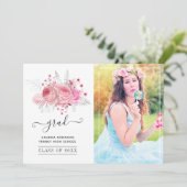 Faire-part Photo de graduation florale tropicale rose et arge (Debout devant)
