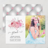 Faire-part Photo de graduation florale tropicale rose et arge (Devant / Derrière)