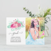 Faire-part Photo de graduation florale tropicale rose et ment (Debout devant)