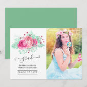 Faire-part Photo de graduation florale tropicale rose et ment (Devant / Derrière)