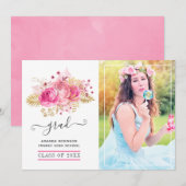Faire-part Photo de graduation florale tropicale rose et or (Devant / Derrière)