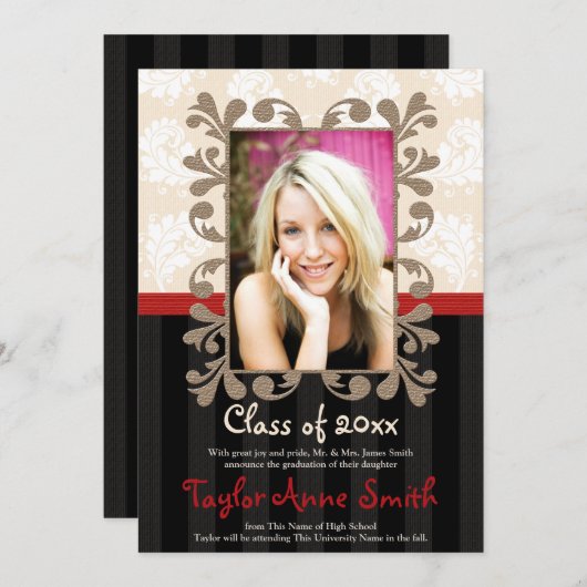 Faire-part photo de la graduation rouge et noire (Devant / Derrière)