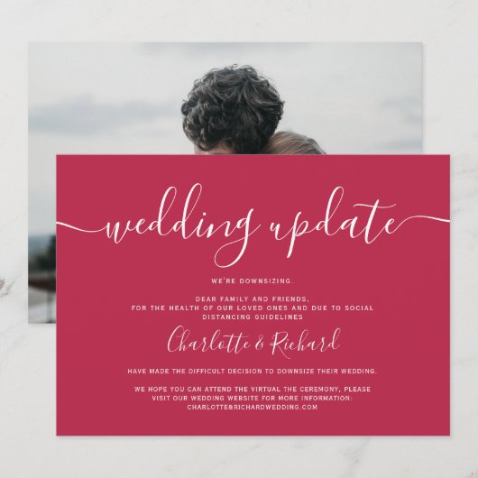 Faire-part Photo de mariage blanc et magenta script à taille  (Devant / Derrière)