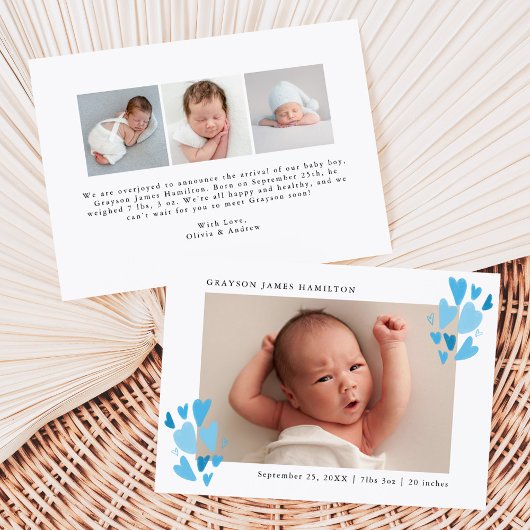 Faire-part Photo de naissance Cœurs Bleus Mignons