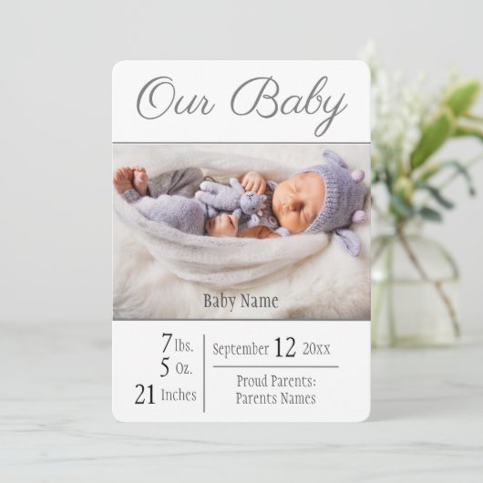 Faire-part Photo de naissance de bébé Gris Notre bébé (Debout devant)