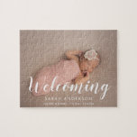 Faire-part photo de naissance de bébé moderne<br><div class="desc">Puzzle amusant et adorable pour la faire-part de la naissance avec une calligraphie moderne douce.</div>