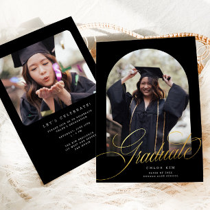 Faire-part Photo de remise des diplômes Chic Black Gold Scrip
