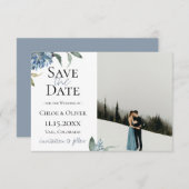 Faire-part Photo de sauvegarde de date botanique bleu poussié (Devant / Derrière)