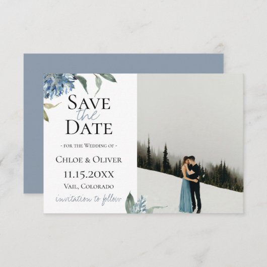 Faire-part Photo de sauvegarde de date botanique bleu poussié (Devant / Derrière)