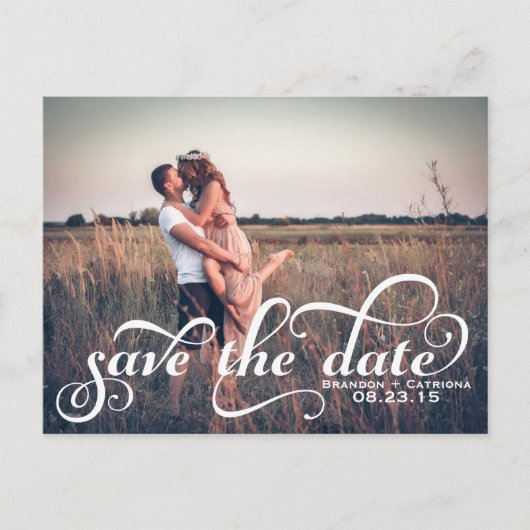 Faire-part Photo de script blanc Enregistrer la carte postale (Devant)