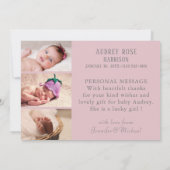 Faire-part Photo Fille bébé moderne Merci rose pâle (Dos)