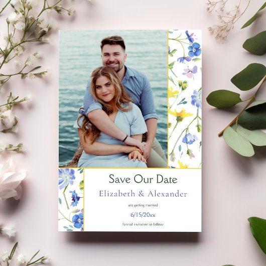 Faire-part Photo Fleur sauvage d'aquarelle Enregistrer la dat