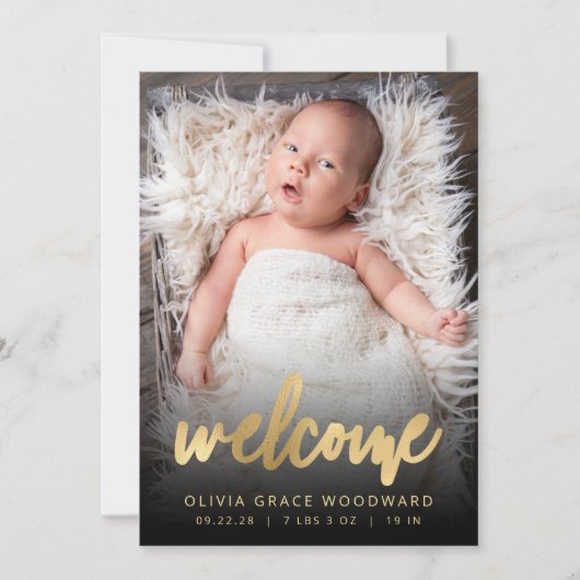 Faire-part Photo Gold Script Black Welcome Naissance (Devant)