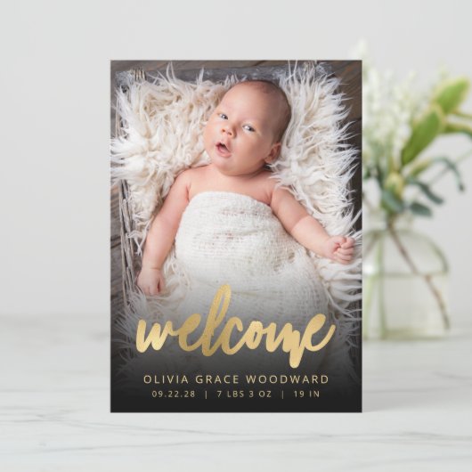Faire-part Photo Gold Script Black Welcome Naissance (Debout devant)