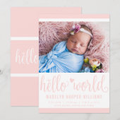 Faire-part Photo Hello World moderne Blush rose état de naiss (Devant / Derrière)