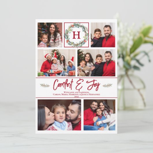 Faire-part Photo Joy Monogram Floral de Noël (Debout devant)