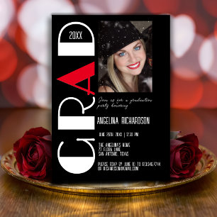 Faire-part Photo minimaliste de graduation noir blanc rouge