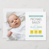 Faire-part Photo moderne Collage Turquoise Jaune bébé garçon (Devant)