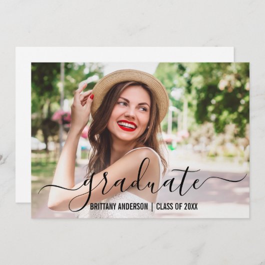 Faire-part Photo Moderne de la tendance Script Graduation (Devant / Derrière)