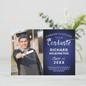 Faire-part Photo moderne Diplômé Métallo Marine Bleu (Debout devant)