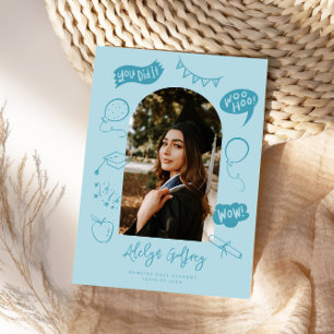 Faire-part Photo moderne Doodle Graduation Bleu