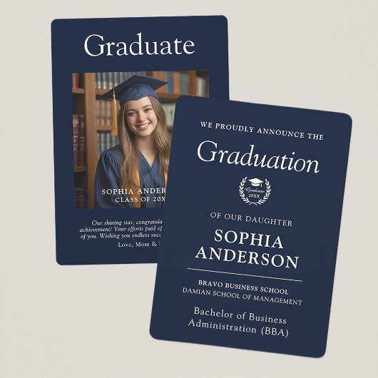 Faire-part photo moderne Elegant Navy Graduation