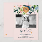 Faire-part Photo moderne élégante florale or graduation (Devant / Derrière)