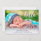 Faire-part Photo moderne Hello Script Stripe Baby Boy Birth (Devant)