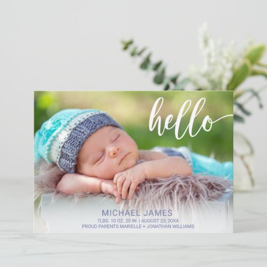 Faire-part Photo moderne Hello Script Stripe Baby Boy Birth (Debout devant)