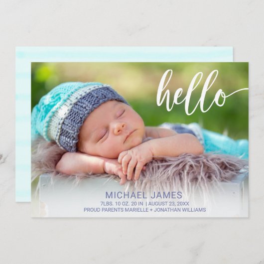 Faire-part Photo moderne Hello Script Stripe Baby Boy Birth (Devant / Derrière)