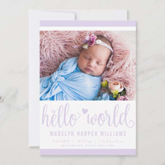 Faire-part Photo moderne Hello World Purple Birth Stat (Devant)