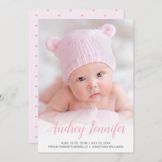 Faire-part Photo moderne Pink Script Coeurs bébé fille naissa (Devant / Derrière)
